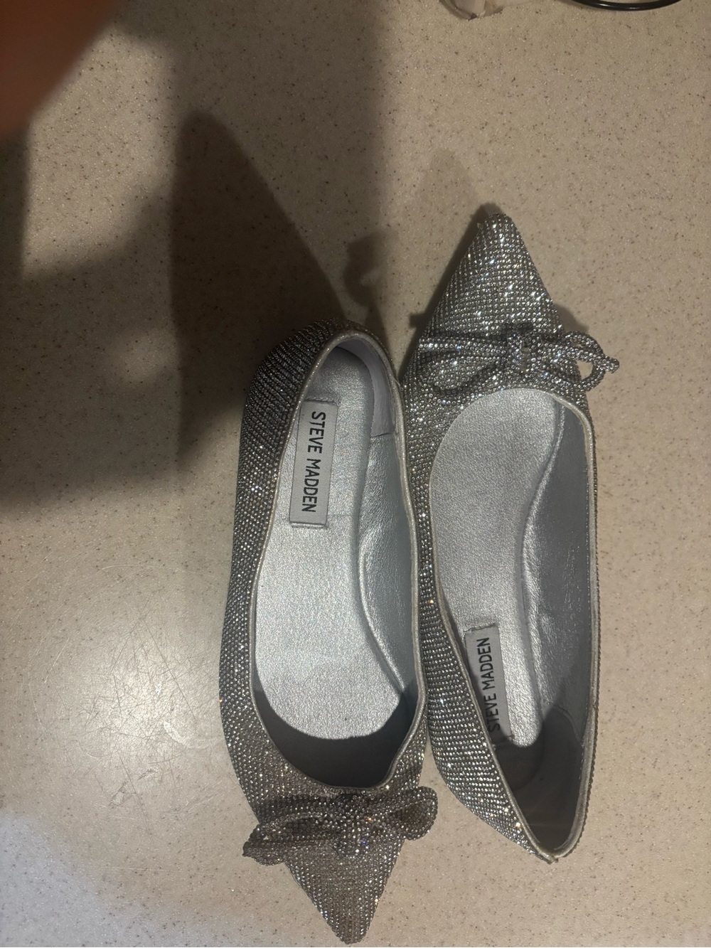 Steve Madden Silver Crystal Bow Pointed Flats with Rhinestone Detail - Picture 4 of 5